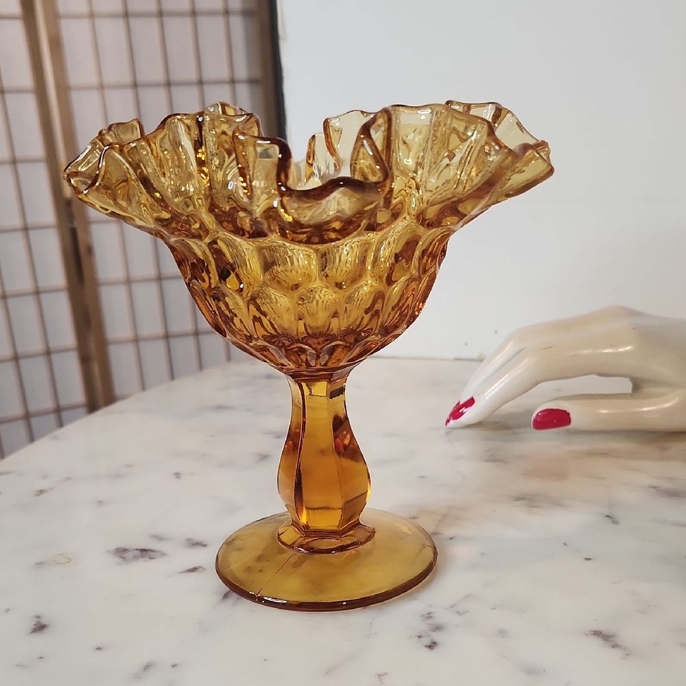Vintage | Fenton Amber Glass Thumbprint Ruffled Pedestal Compote Dish